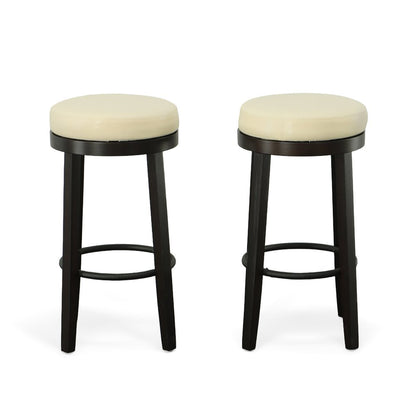 Set of Two 30" Cream and Espresso Faux Leather and Solid Wood Backless Bar Height Swivel Bar Chairs