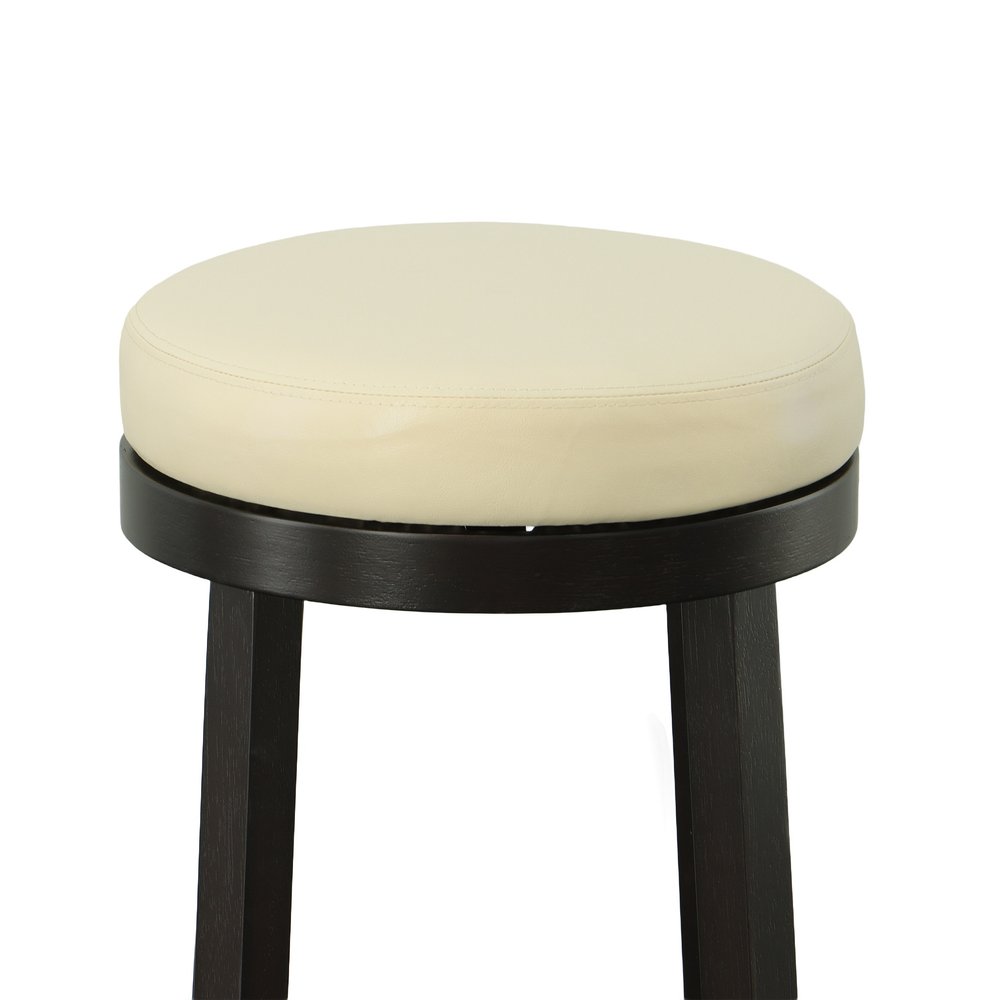 Set of Two 30" Cream And Espresso Faux Leather And Faux Leather And Solid Wood Backless Bar Height Swivel Bar Chairs