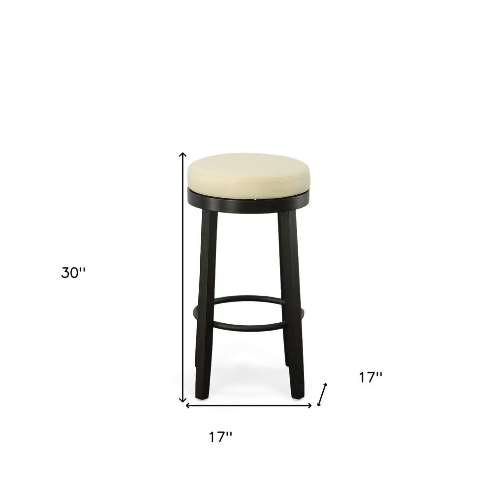 Set of Two 30" Cream And Espresso Faux Leather And Faux Leather And Solid Wood Backless Bar Height Swivel Bar Chairs