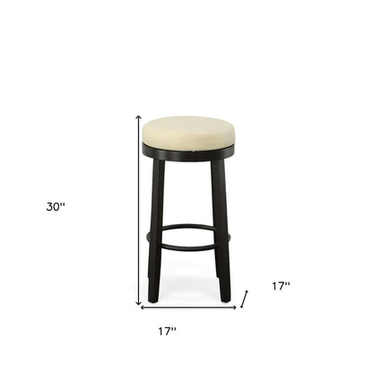 Set of Two 30" Cream And Espresso Faux Leather And Faux Leather And Solid Wood Backless Bar Height Swivel Bar Chairs