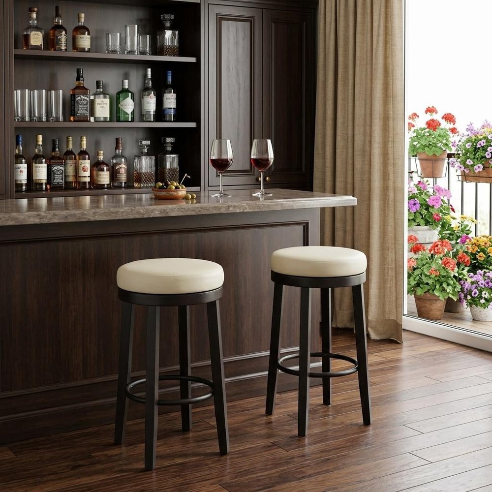 Set of Two 30" Cream and Espresso Faux Leather and Solid Wood Backless Bar Height Swivel Bar Chairs