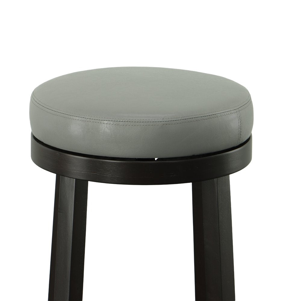 Set of Two 30" Gray and Espresso Faux Leather and Solid Wood Backless Bar Height Swivel Bar Chairs