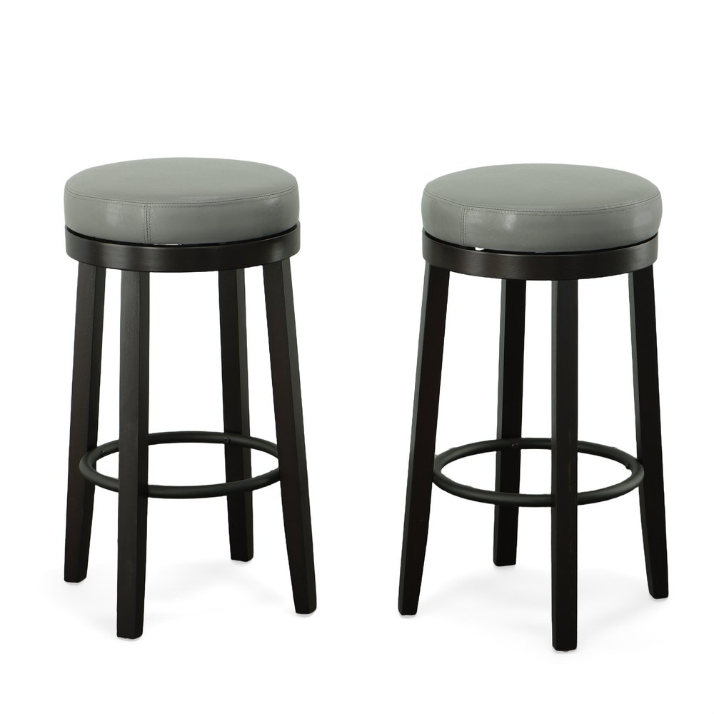 Set of Two 30" Gray and Espresso Faux Leather and Solid Wood Backless Bar Height Swivel Bar Chairs