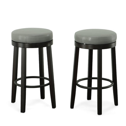 Set of Two 30" Gray and Espresso Faux Leather and Solid Wood Backless Bar Height Swivel Bar Chairs