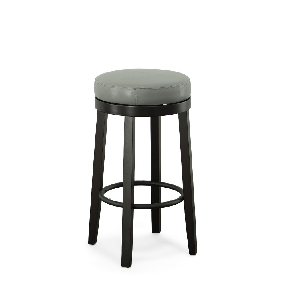 Set of Two 30" Gray and Espresso Faux Leather and Solid Wood Backless Bar Height Swivel Bar Chairs