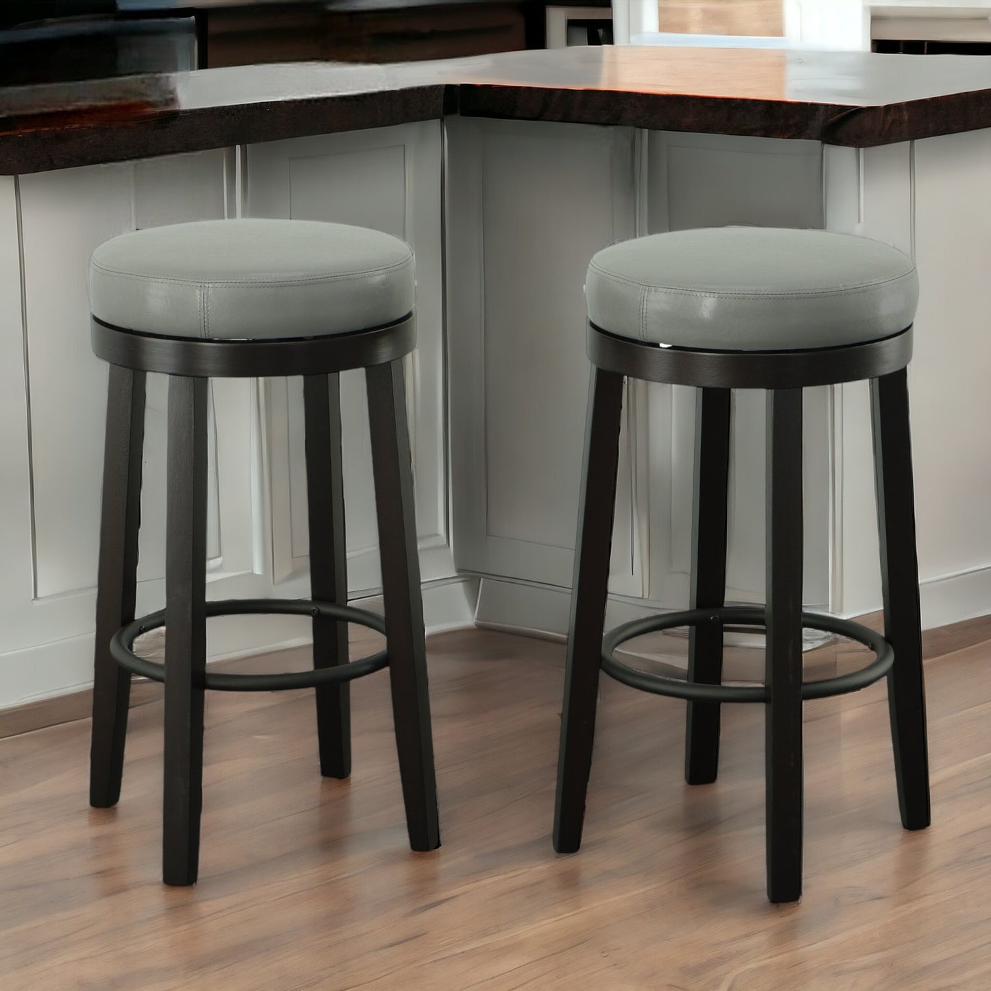 Set of Two 30" Gray And Espresso Faux Leather And Solid Wood Swivel Backless Bar Height Bar Chairs