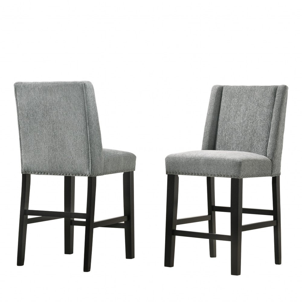 Set of Two 42" Charcoal And Espresso Fabric And Solid Wood Bar Chairs