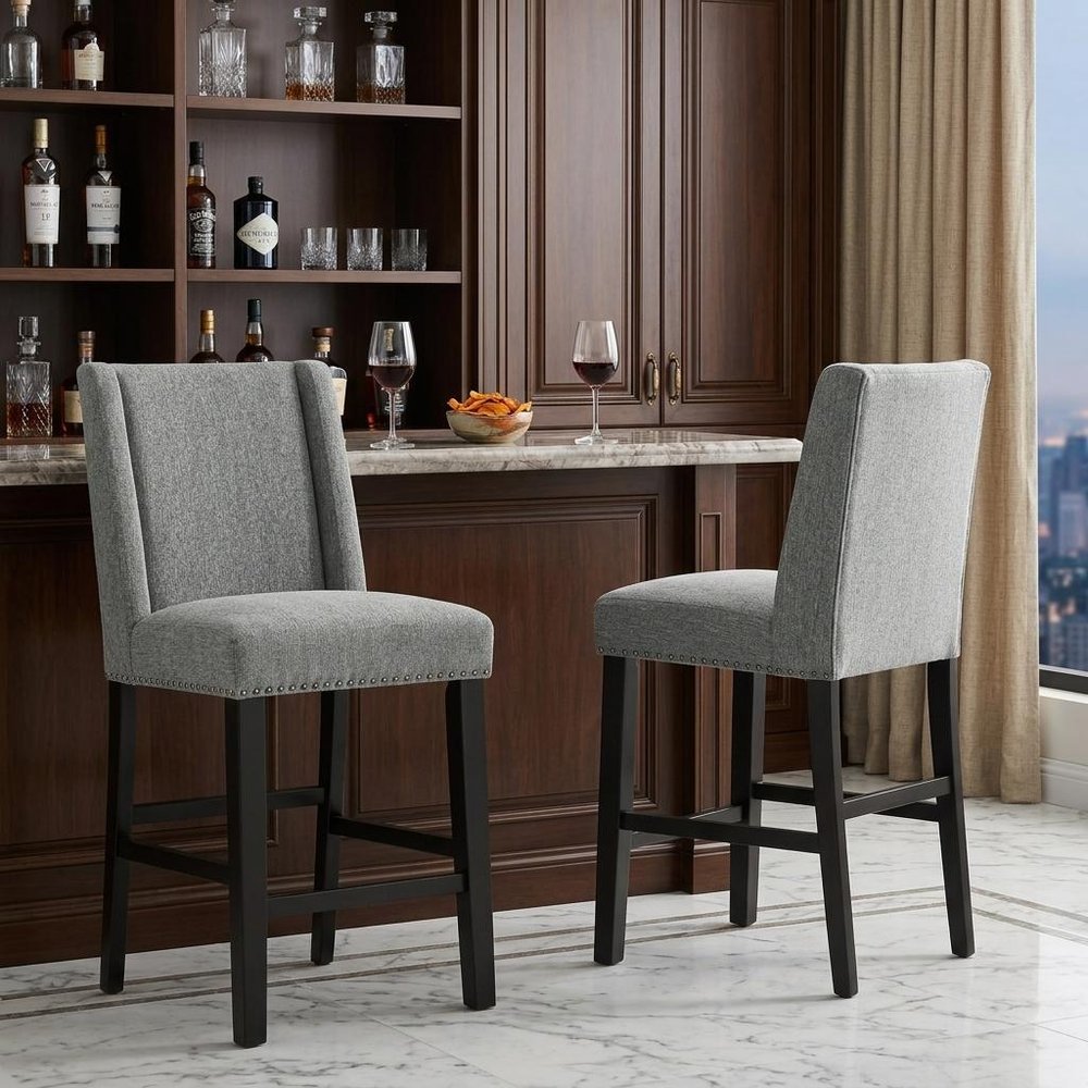 Set of Two 42" Charcoal and Espresso Solid Wood Bar Chairs