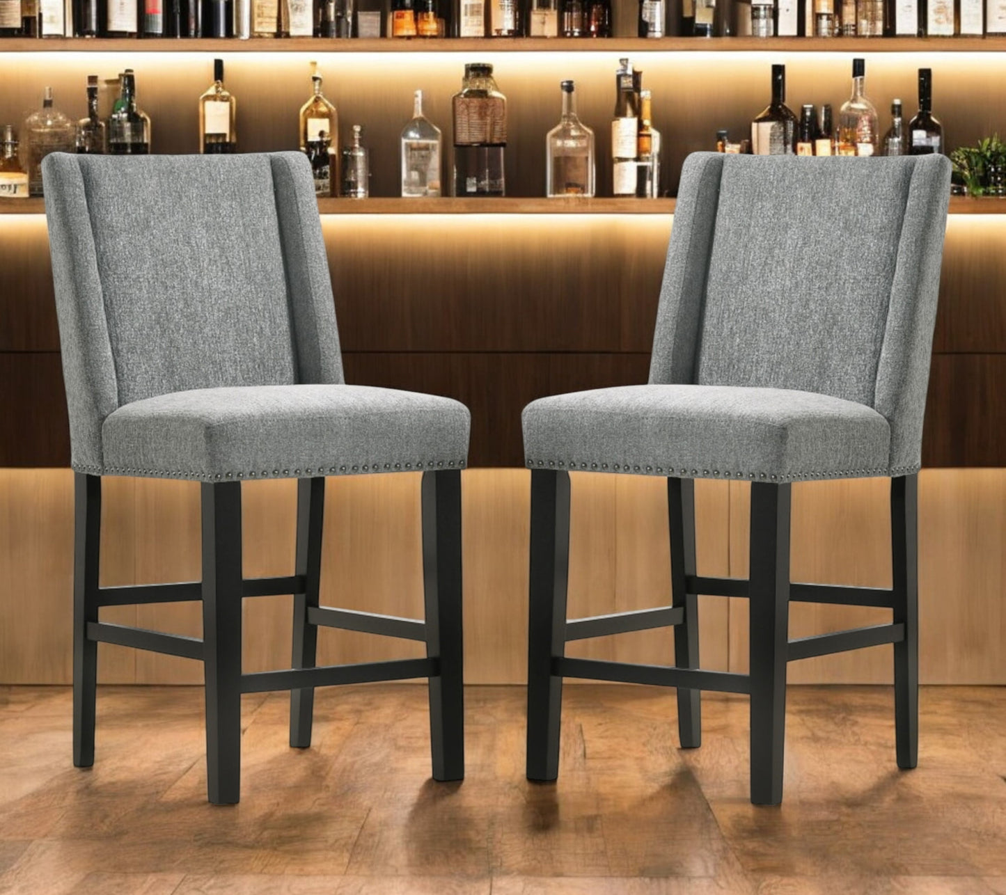 Set of Two 42" Charcoal and Espresso Solid Wood Bar Chairs