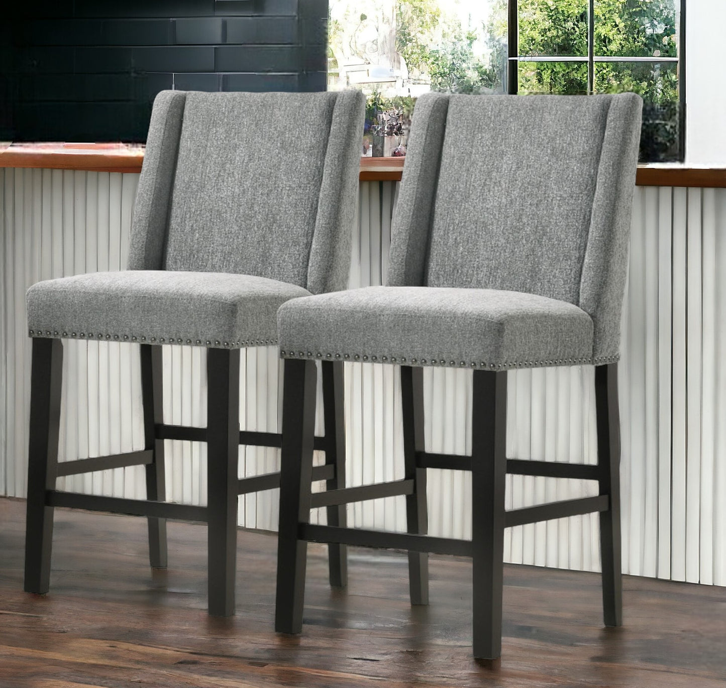 Set of Two 42" Charcoal And Espresso Solid Wood Bar Chairs