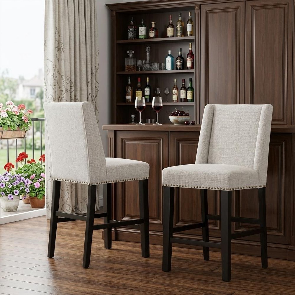 Set of Two 42" Fawn And Espresso Fabric And Iron Bar Chairs