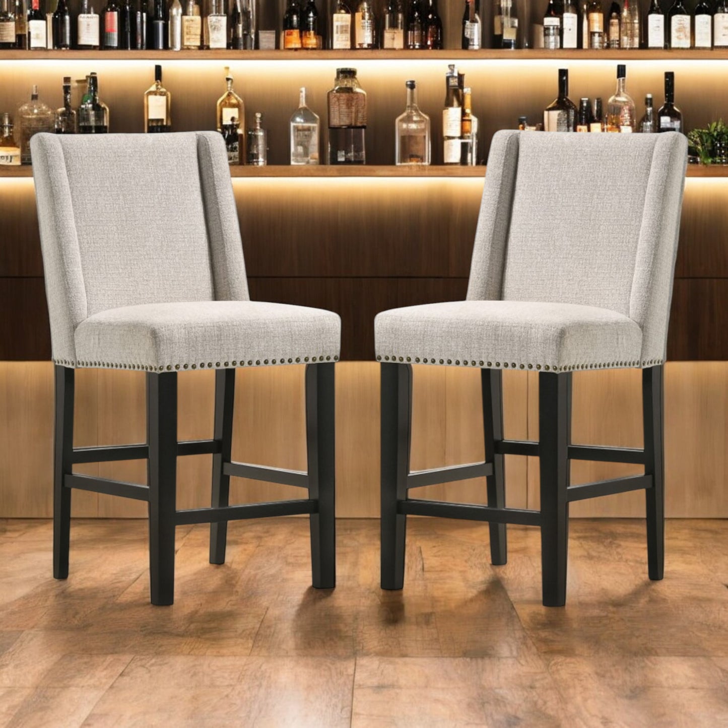 Set of Two 42" Fawn and Espresso Iron Bar Chairs