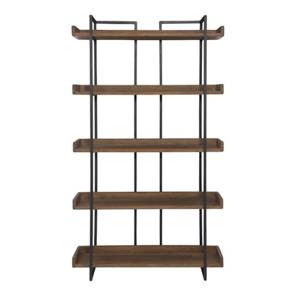 75" Black And Brown Metal and Wood Five Tier Bookcase