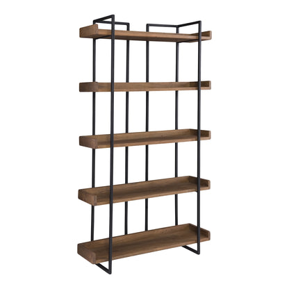 75" Brown and Black Metal and Wood Five Tier Bookcase