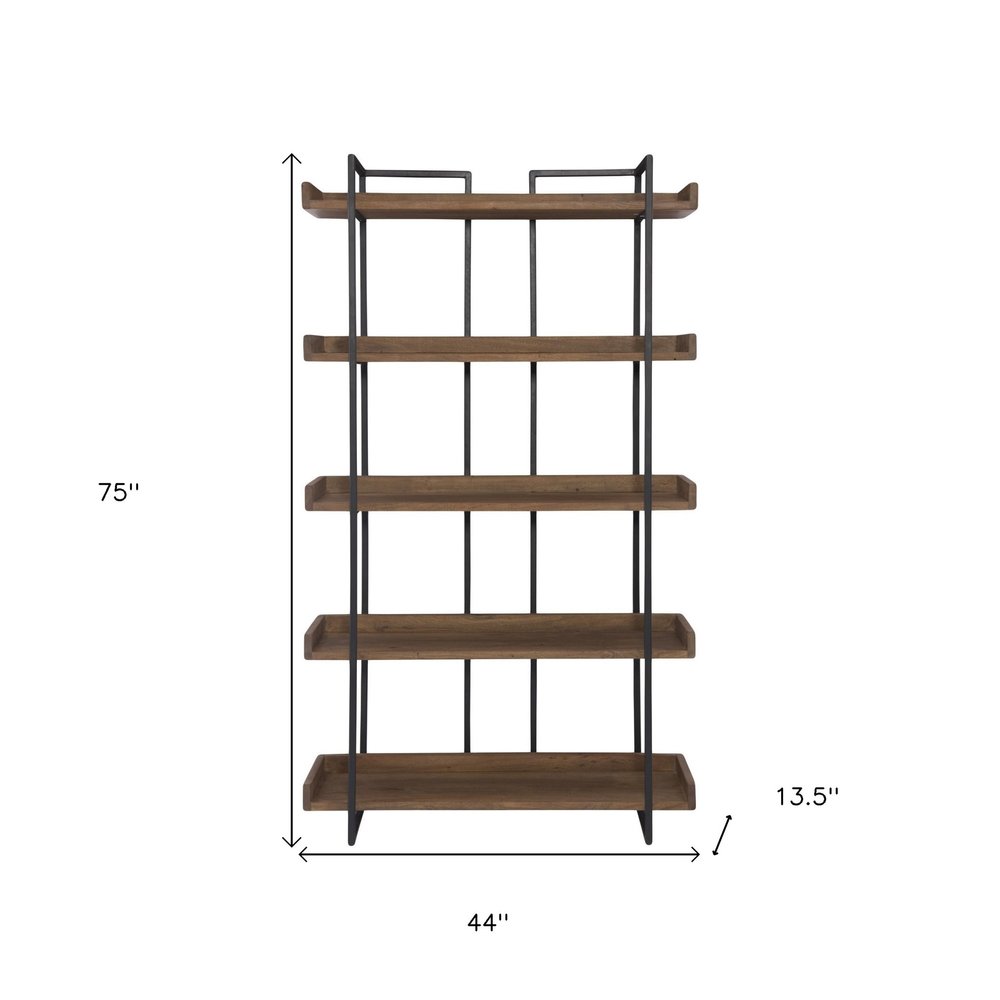 75" Black And Brown Metal and Wood Five Tier Bookcase
