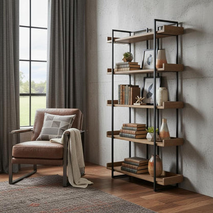 75" Black And Brown Metal and Wood Five Tier Bookcase