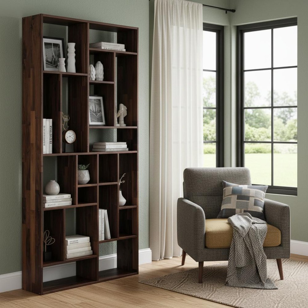 86" Brown And Natural Solid Wood and Wood Ten Tier Bookcase