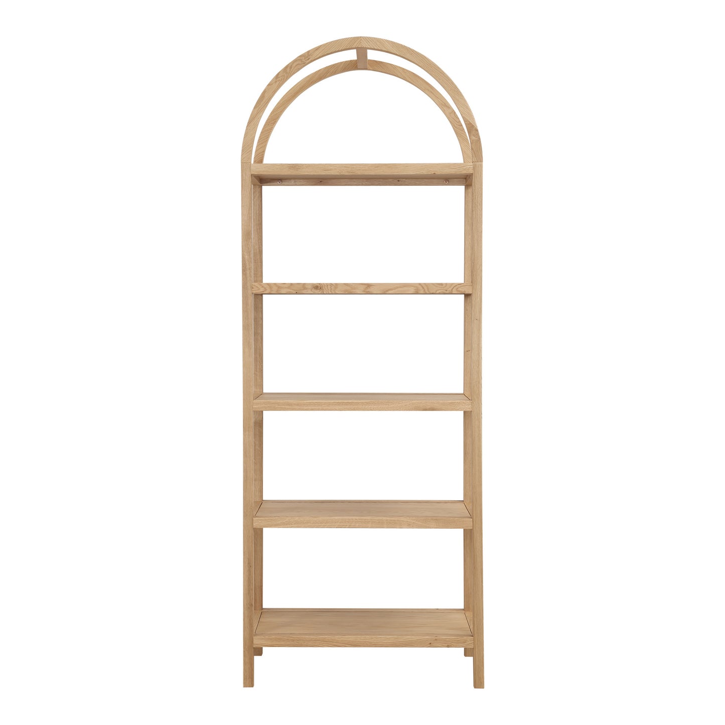 80" Natural Wood Five Tier Arched Top Bookcase