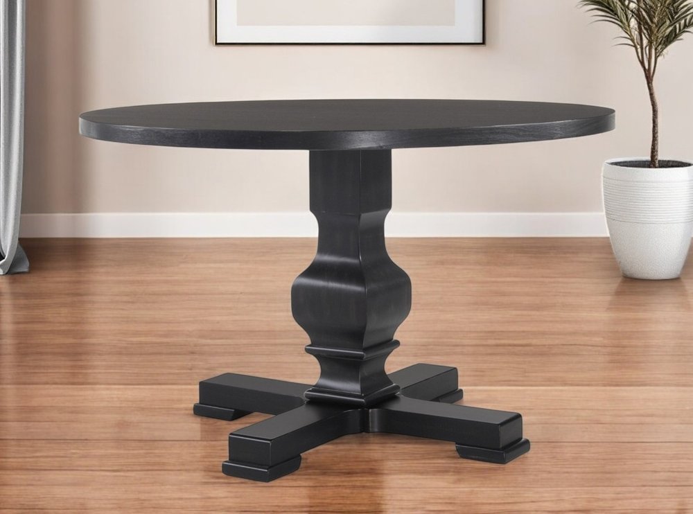 47" Black Rounded Solid Wood Pedestal Base Dining Table