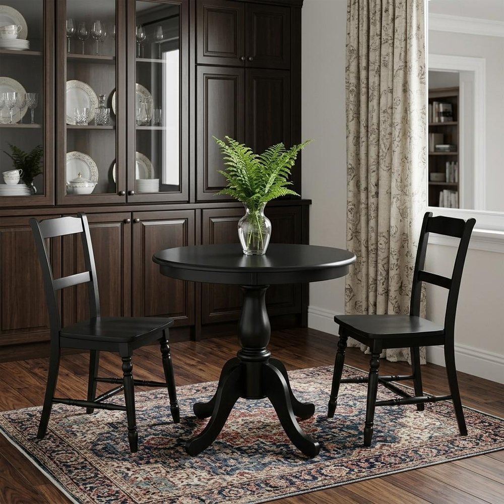 30" Black Rounded Solid Manufactured Wood And Solid Wood Pedestal Base Dining Table
