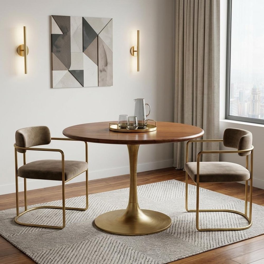 30" Brown And Gold Rounded Solid Wood And Iron Pedestal Base Dining Table