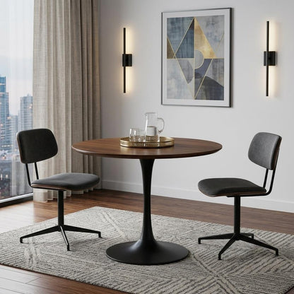30" Brown And Black Rounded Solid Wood And Iron Pedestal Base Dining Table