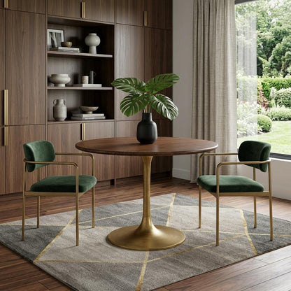 36" Brown And Gold Rounded Solid Wood And Iron Pedestal Base Dining Table