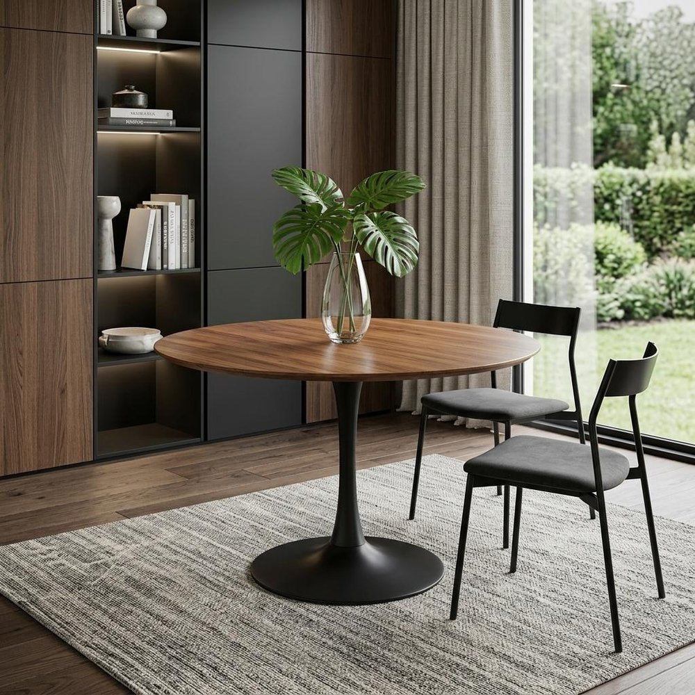 36" Brown And Black Rounded Solid Wood And Iron Pedestal Base Dining Table