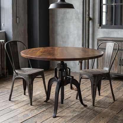 Adjustable Height Brown And Black Solid Wood And Iron Pedestal Base Round Top Dining Table