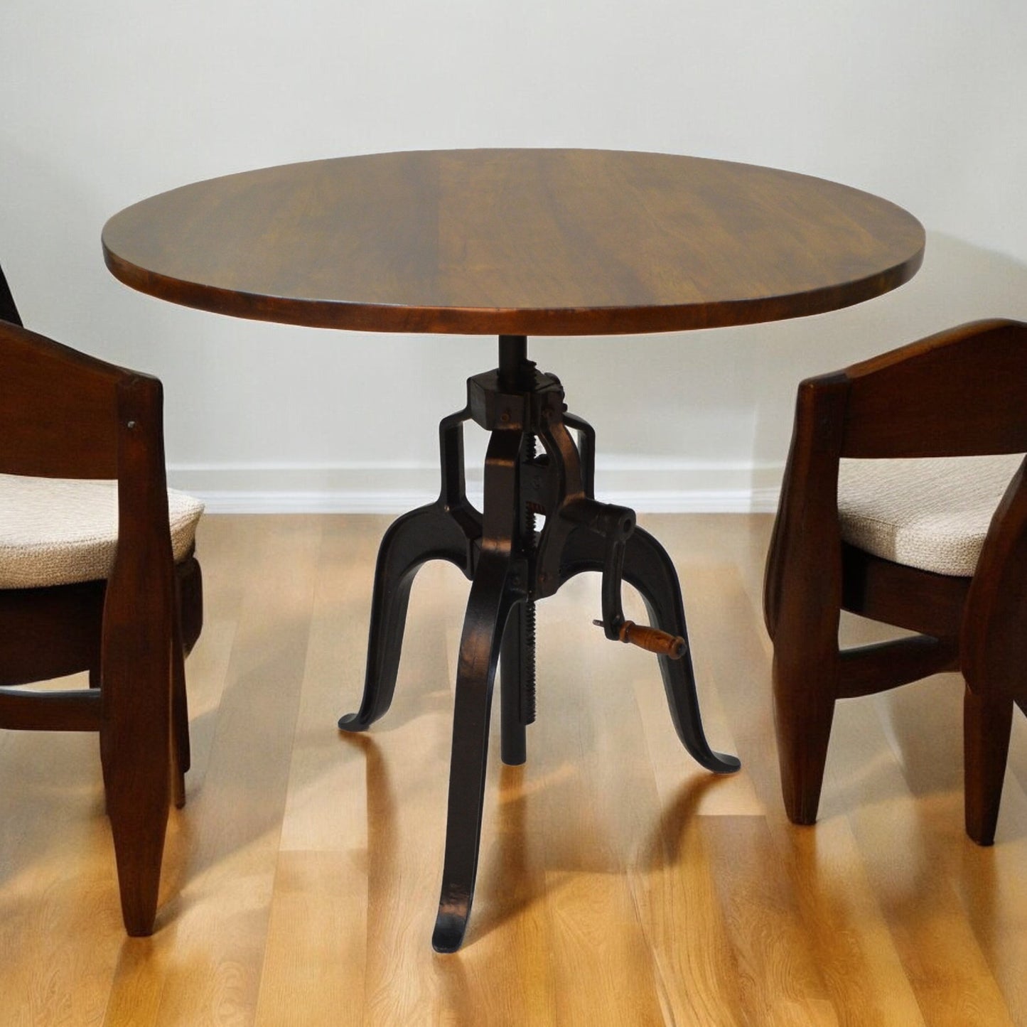 Adjustable Height Brown And Black Solid Wood And Iron Pedestal Base Round Top Dining Table