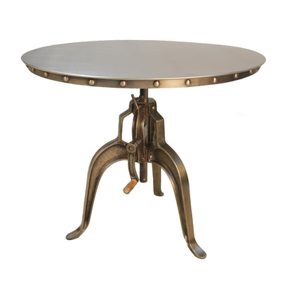 Adjustable Height Antiqued Nickel Three Leg Base Round Top Dining Table