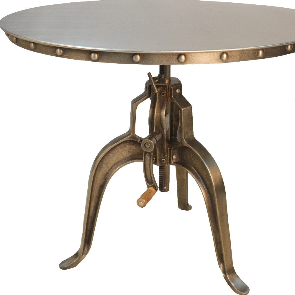 Adjustable Height Antiqued Nickel Three Leg Base Round Top Dining Table