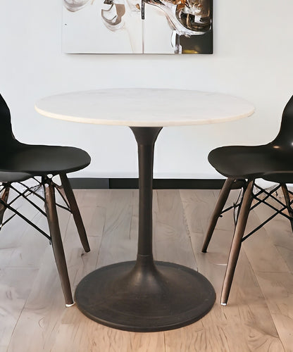 30" White And Black Rounded Marble And Iron Pedestal Base Dining Table