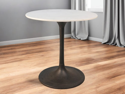 30" White And Black Rounded Marble And Iron Pedestal Base Dining Table