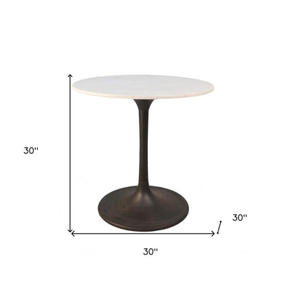 30" White And Black Rounded Marble And Iron Pedestal Base Dining Table