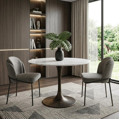 30" White And Black Rounded Marble And Iron Pedestal Base Dining Table