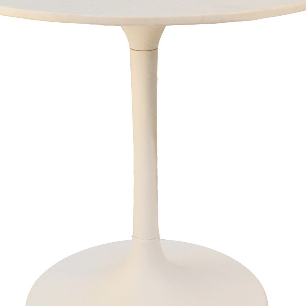 30" White Rounded Marble And Iron Pedestal Base Dining Table