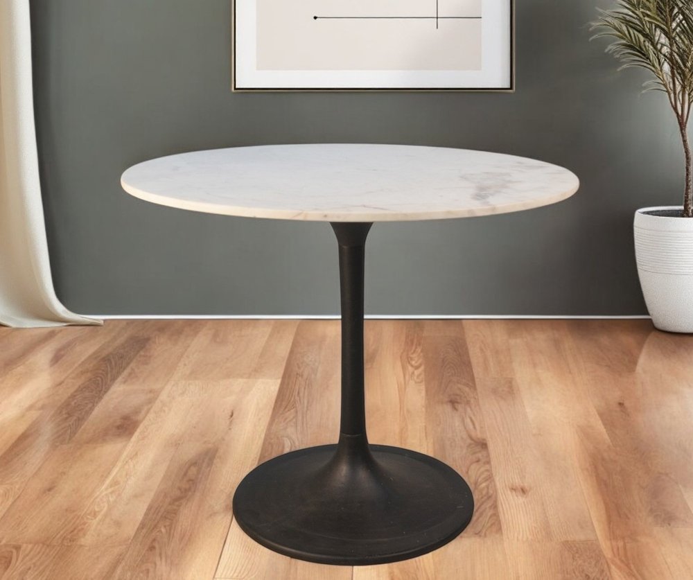 36" White And Black Rounded Marble And Iron Pedestal Base Dining Table