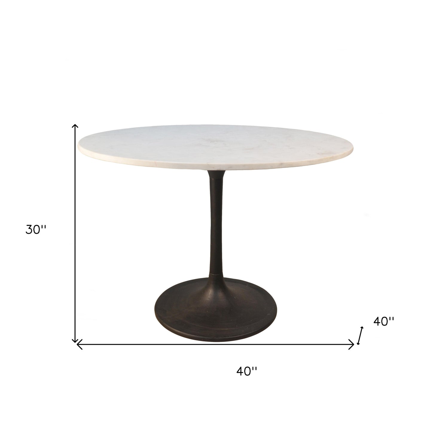 40" White And Black Rounded Marble And Iron Pedestal Base Dining Table