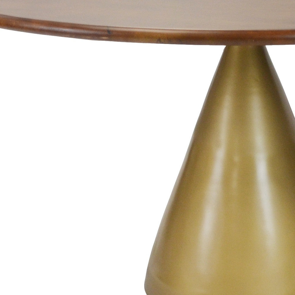 48" Brown And Gold Rounded Solid Wood And Iron Pedestal Base Dining Table