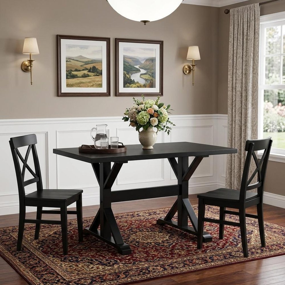 48" Black Solid Wood Trestle Base Dining Table
