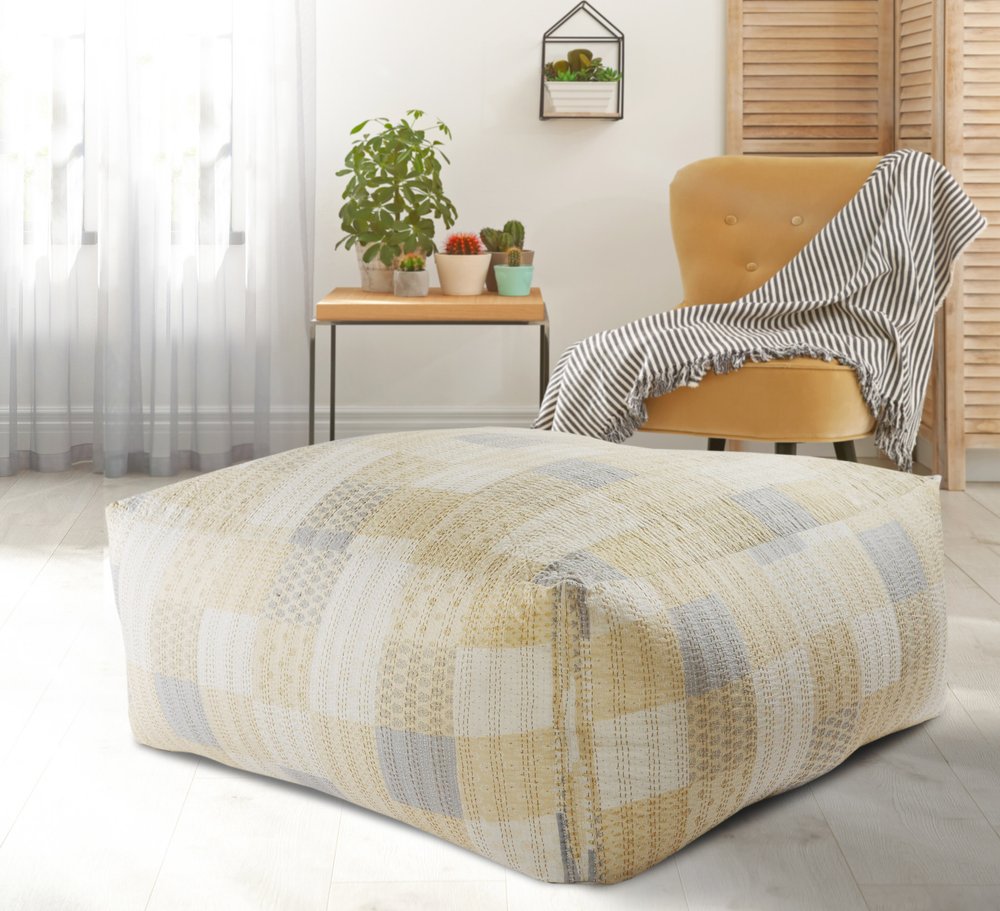 48" Cream Cotton Patchwork Pouf Ottoman
