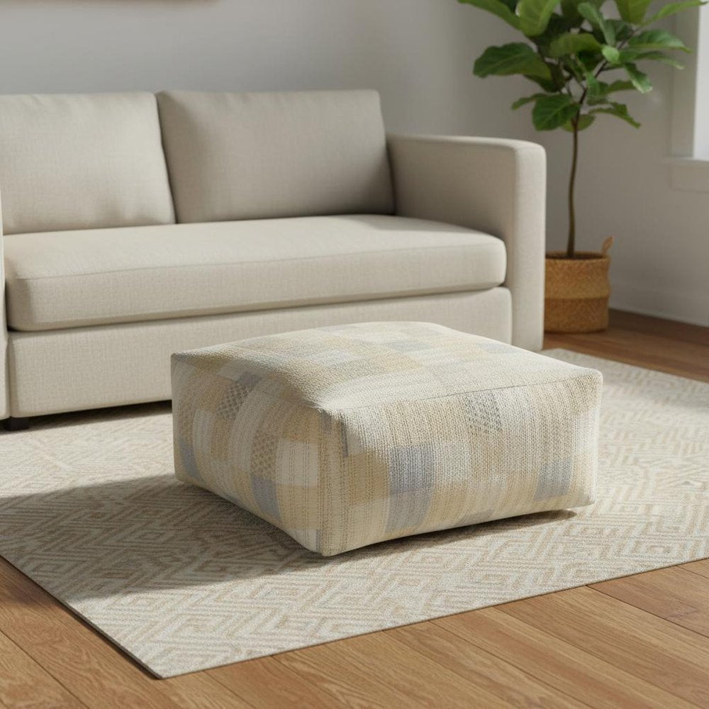 48" Cream Cotton Patchwork Pouf Ottoman