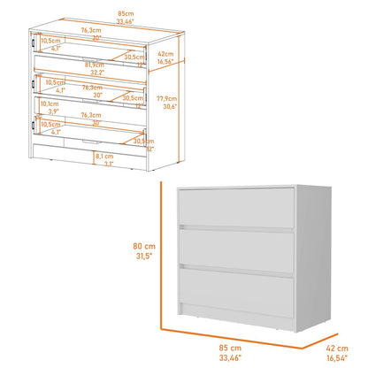 33" White Three Drawer Dresser