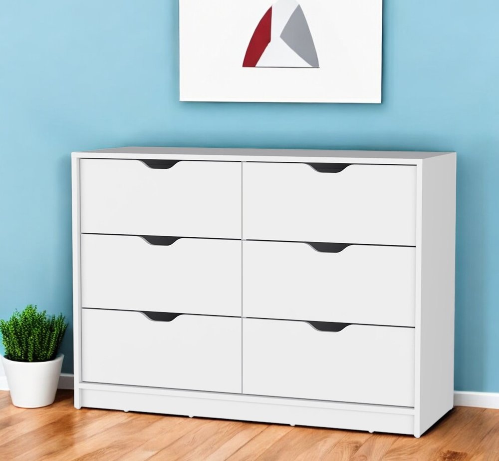 42" White Wood Six Drawer Double Dresser