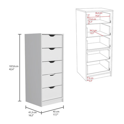 18" White Five Drawer Dresser