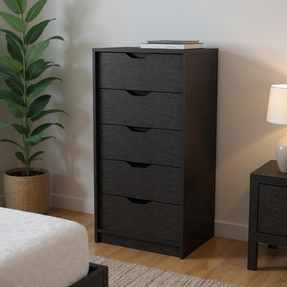 18" Black Charcoal Manufactured Wood Five Drawer Tall and Narrow Dresser