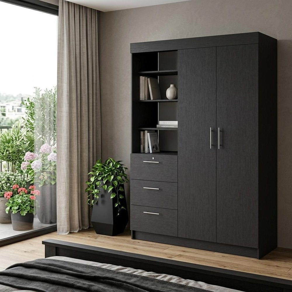59" Black Accent Cabinet Soft Close With Three Shelves And One Drawer