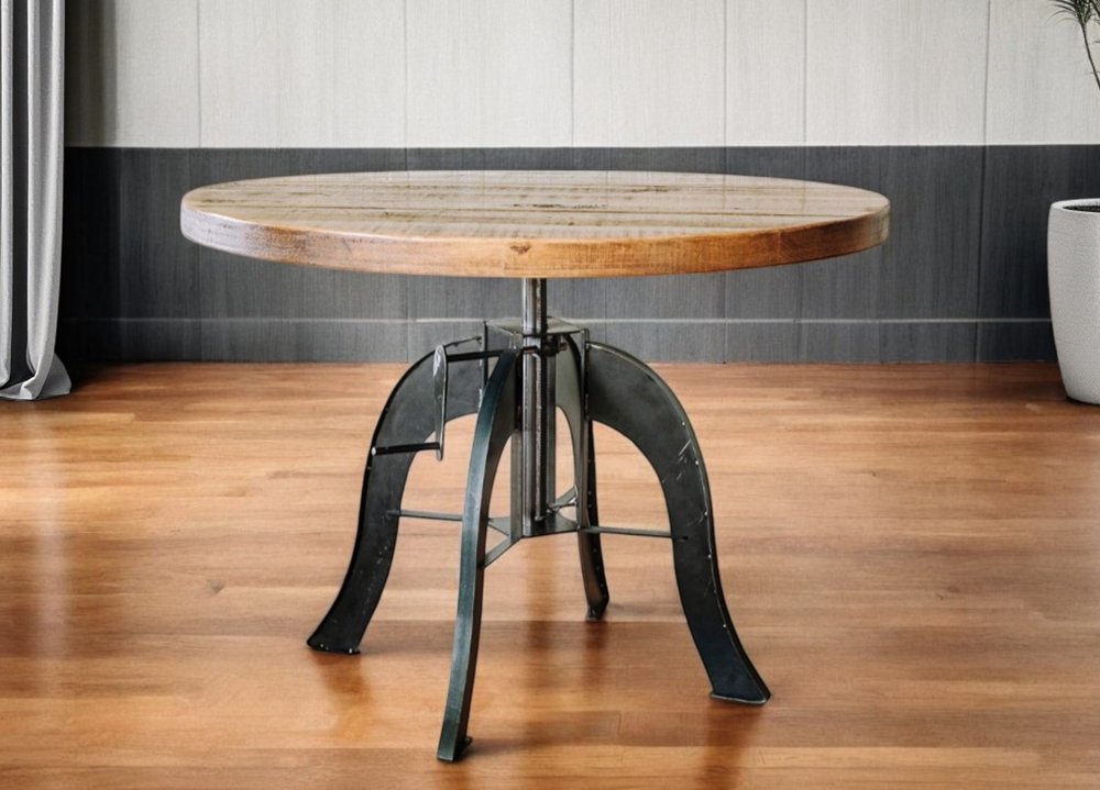 36" Brown And Black Rounded Solid Wood And Steel Pedestal Base Dining Table