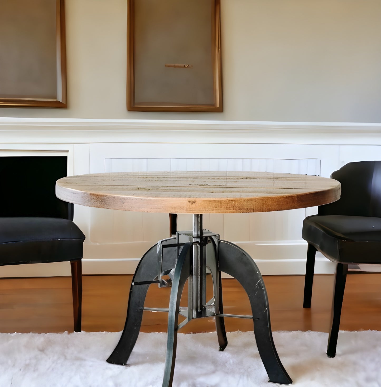 36" Brown And Black Rounded Solid Wood And Steel Pedestal Base Dining Table